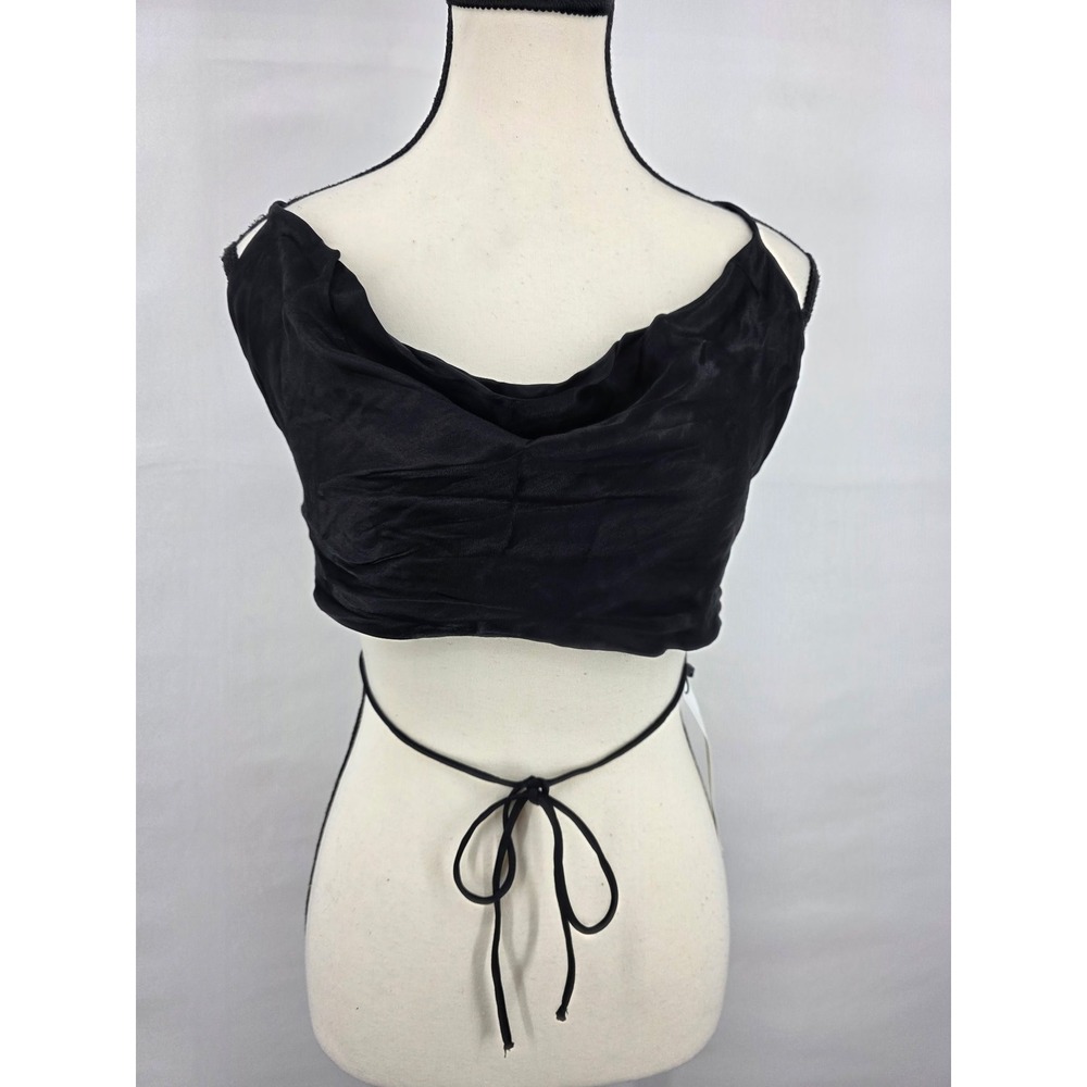 Zara Womens Black Satin Cowl Neck Open Back Tie Crop Top Size M NEW